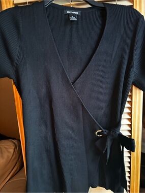Black Ribbed Wrap Tunic Top with Side Tie